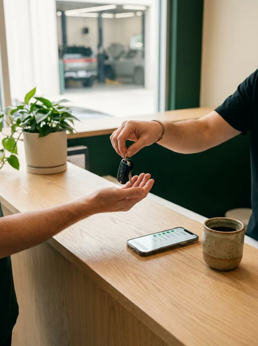 Car keys being handed across a light wood service counter, next to a phone showing an inspection checklist and a cup of coffee