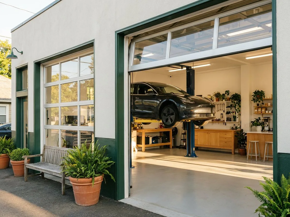Open glass bay doors of a bright, plant-filled auto repair shop in morning light