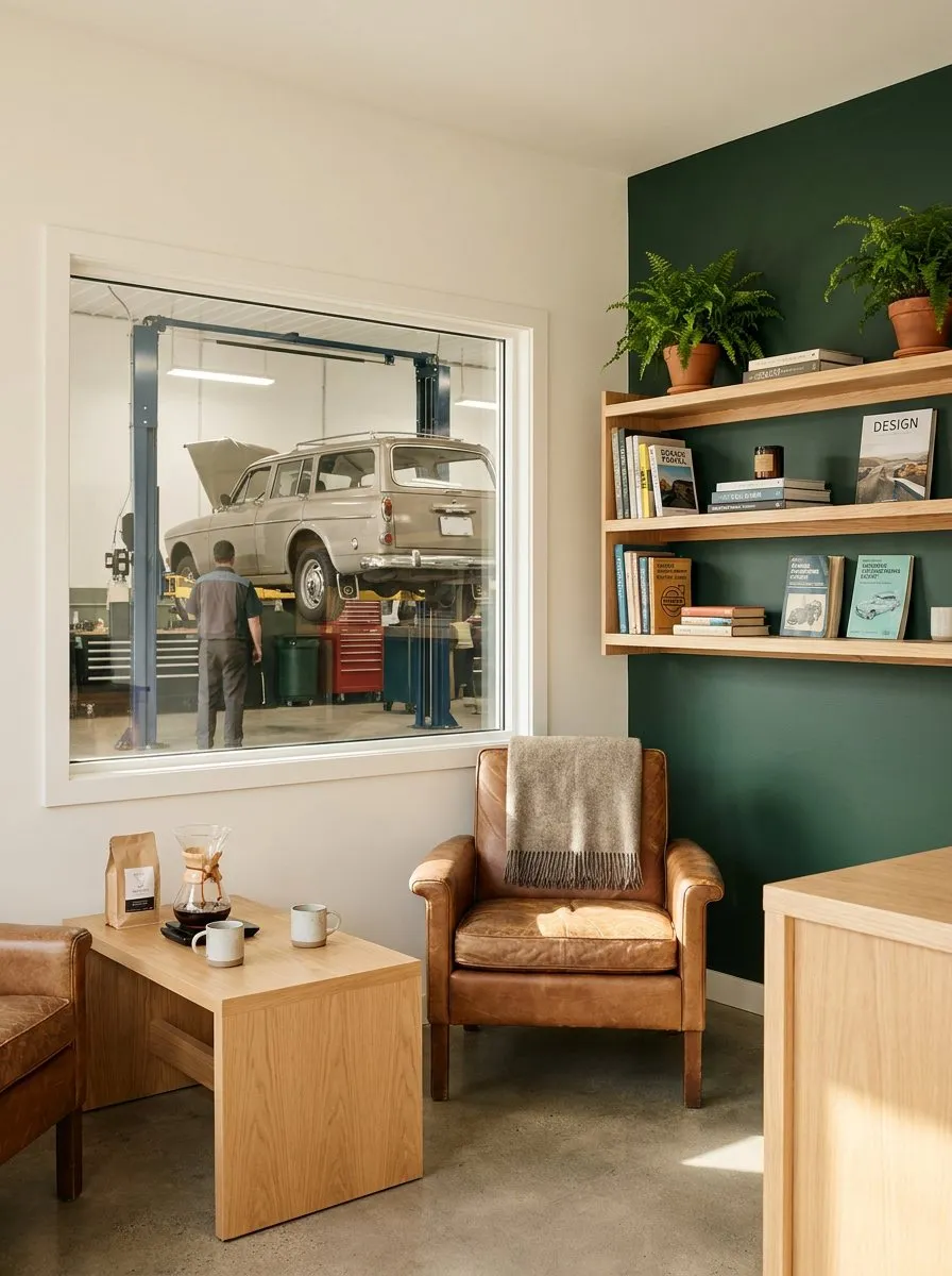 A café-style waiting area with a coffee bar and armchair, looking through a window into the service bay