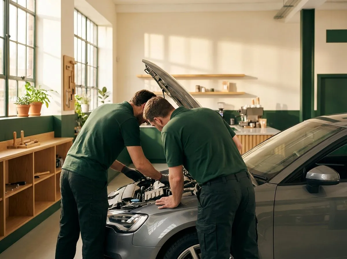 Two technicians working together under the open hood of a car