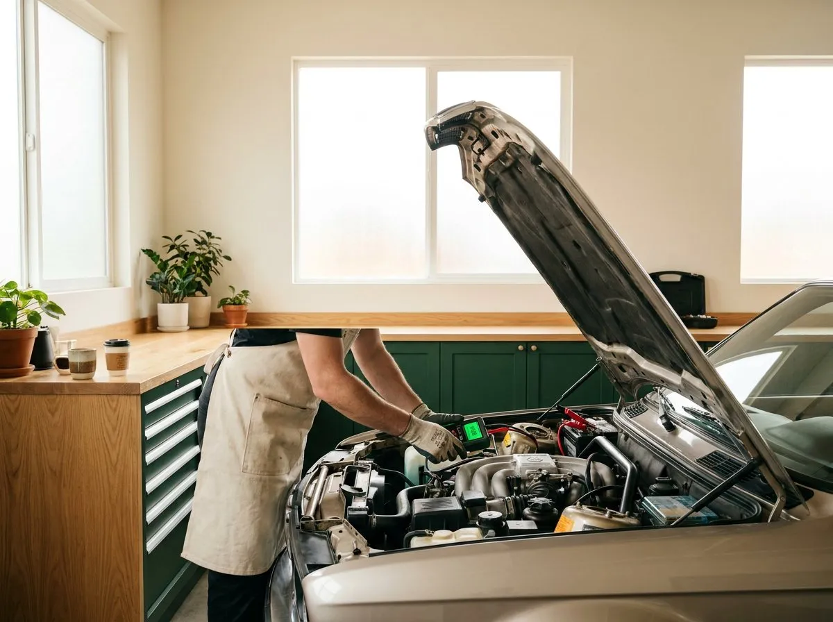 Technician testing a car battery with a digital battery tester, hood open
