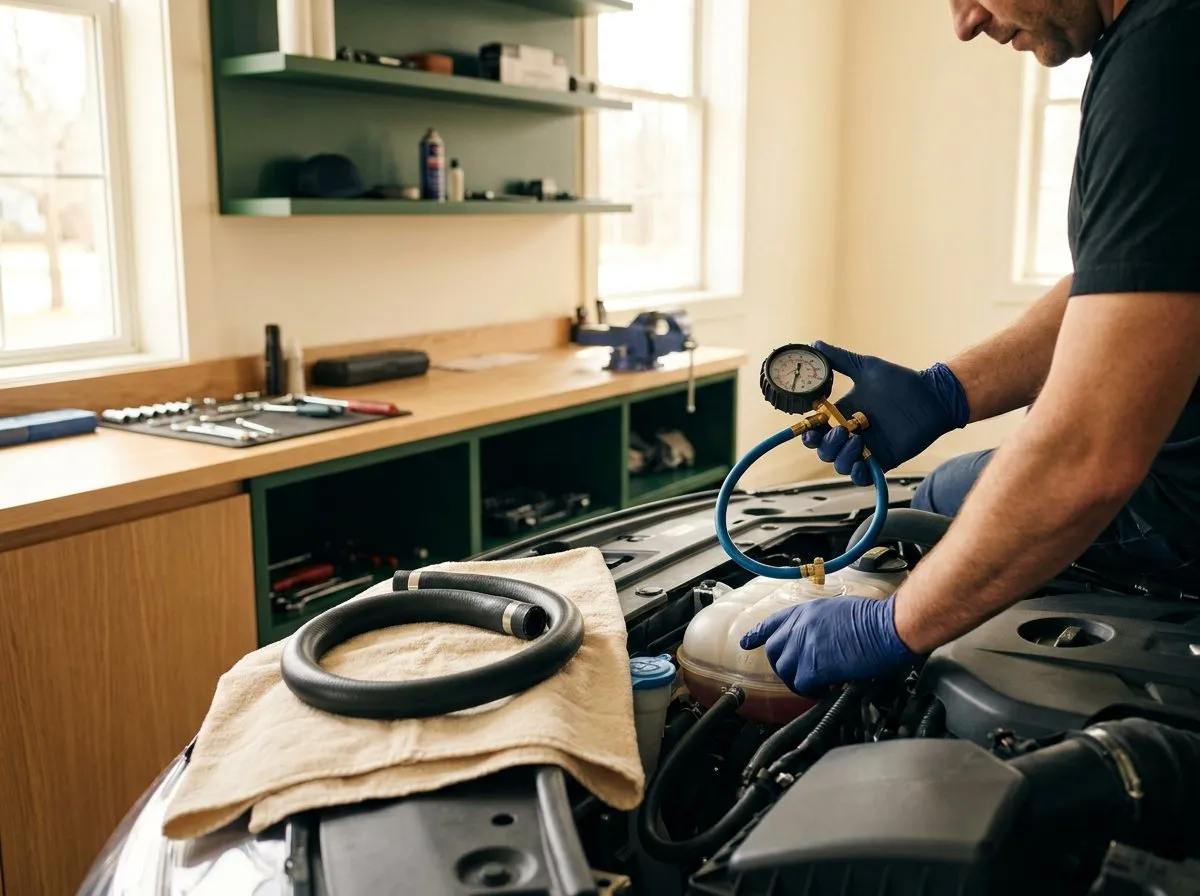 Technician pressure-testing a radiator cap and cooling system, engine bay