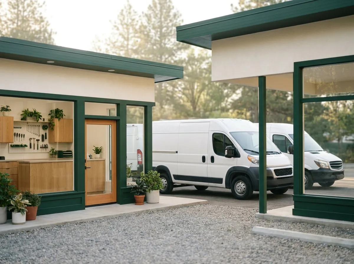 White cargo vans parked outside a small auto repair shop with green trim