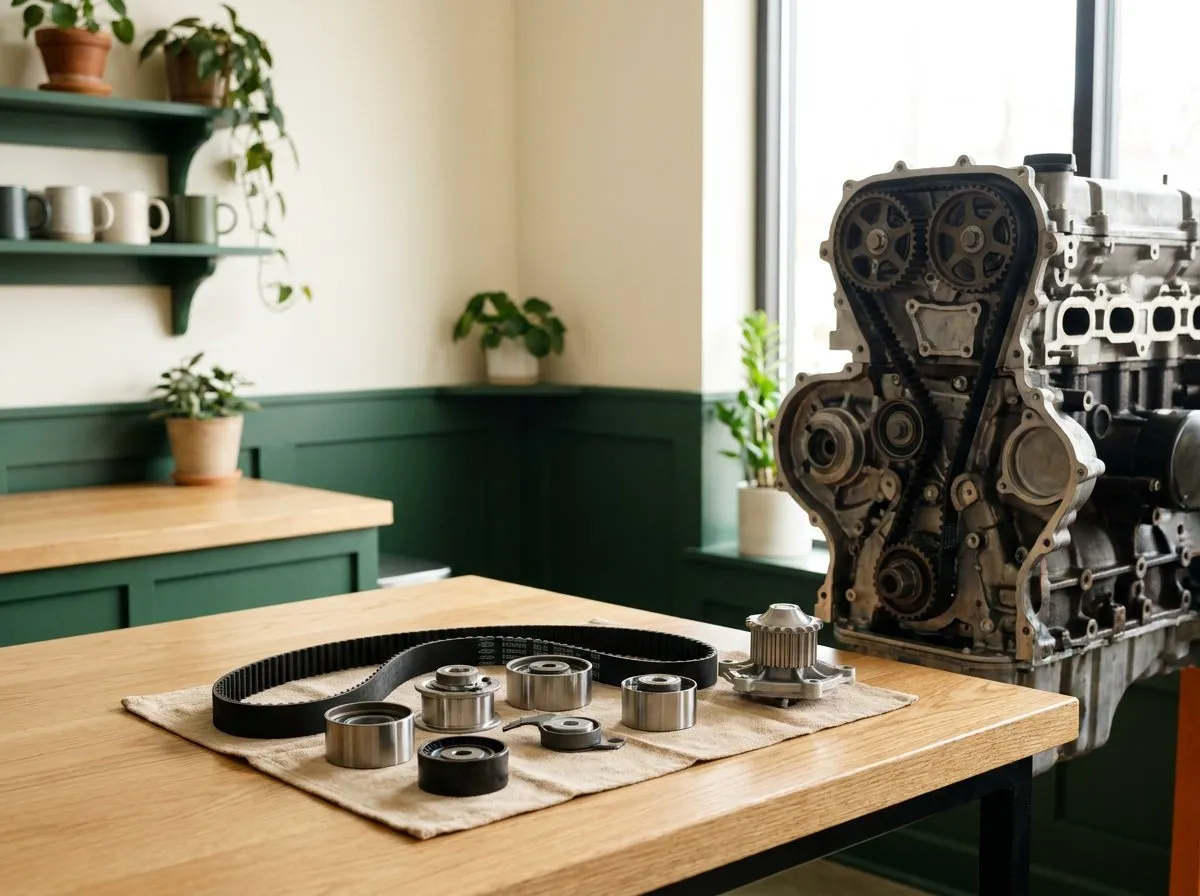 A new timing belt kit with belt, tensioner, pulleys and water pump laid out beside an engine
