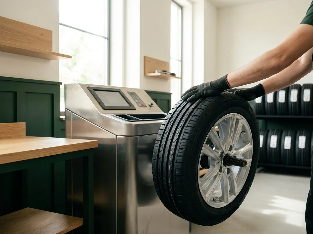 Technician balancing a wheel on a balancing machine, clean bay