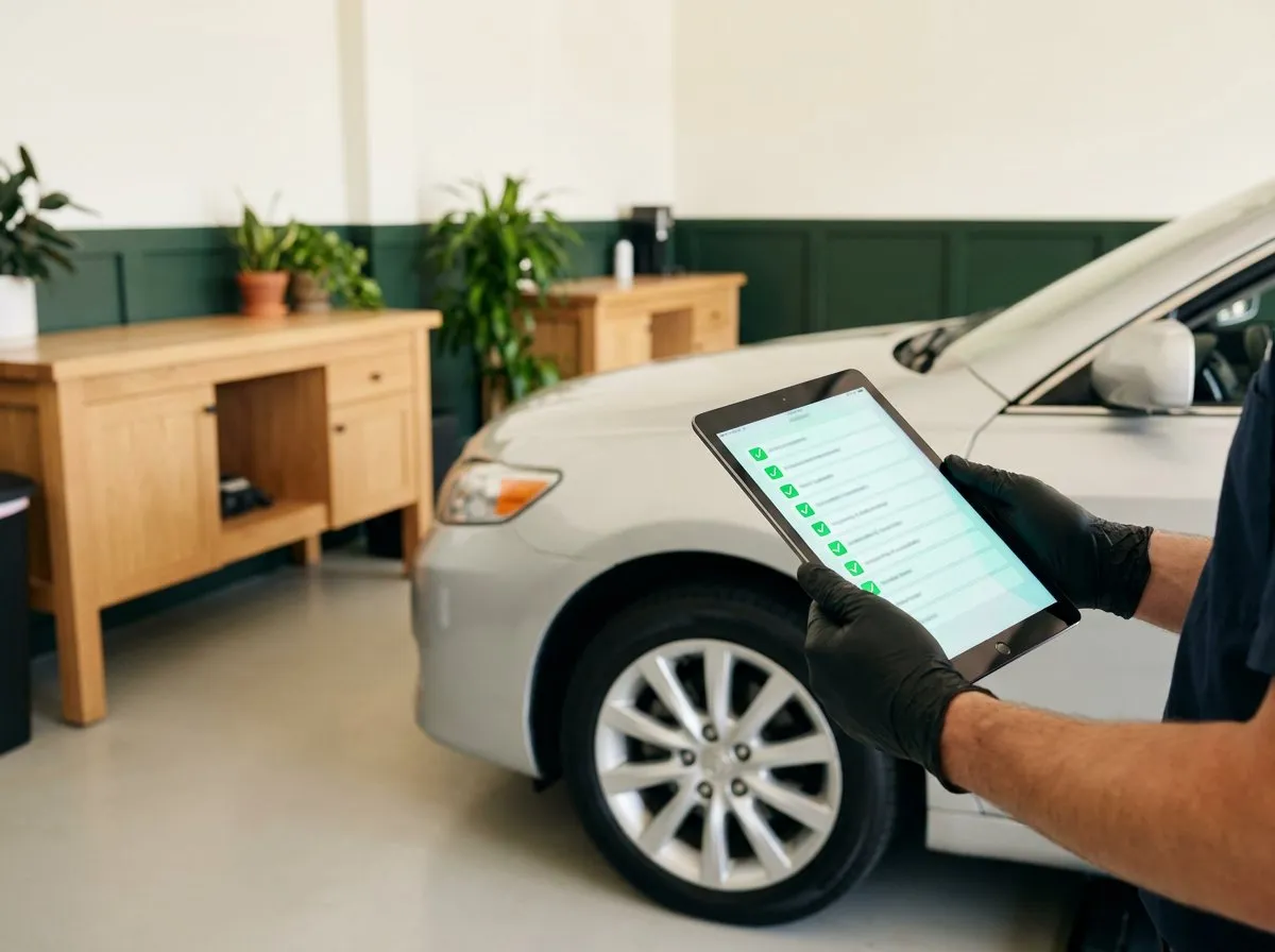 A technician checking an inspection checklist on a tablet beside a used sedan