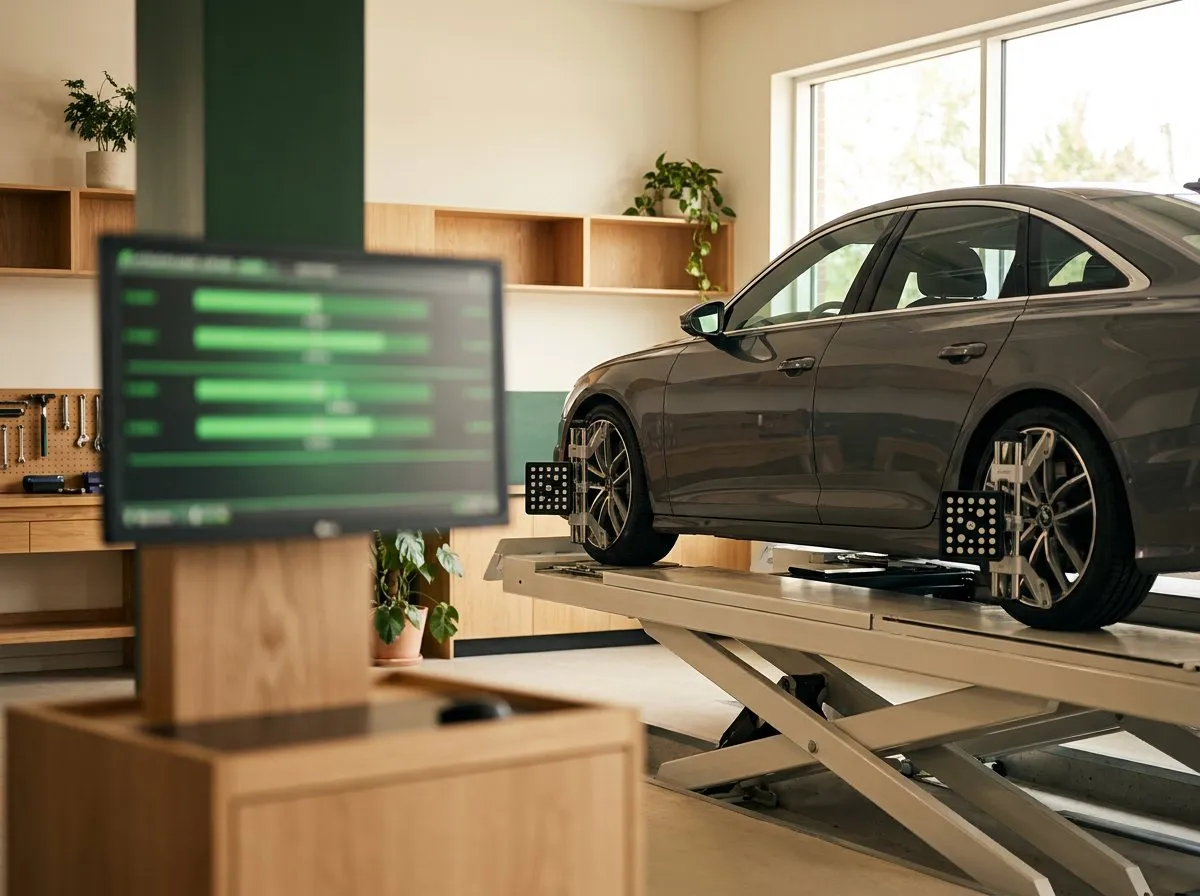 Car on an alignment rack with wheel targets attached, technician reading the screen